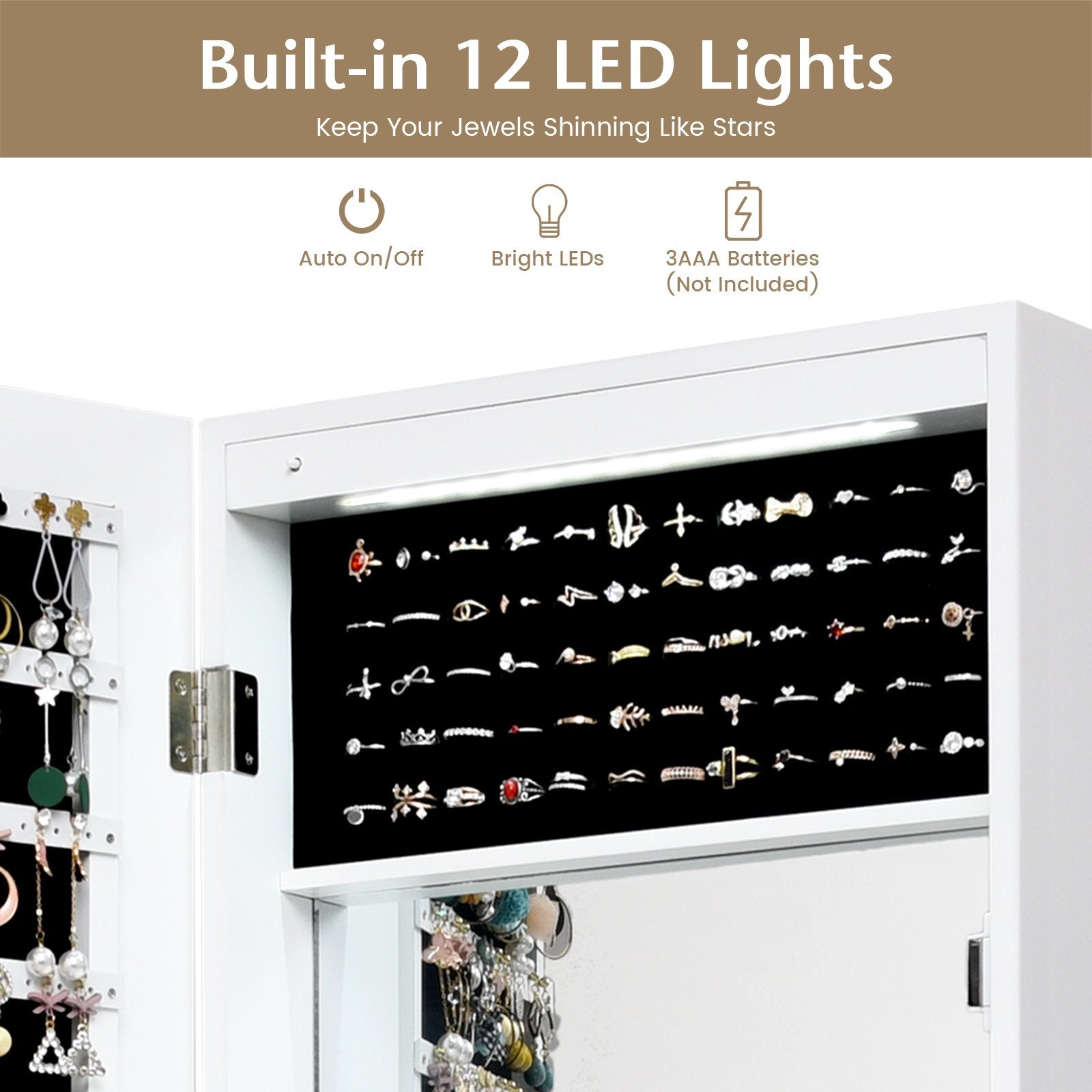 Lockable Wall Door Mounted Mirror Jewelry Cabinet with LED Lights, White Jewelry Armoires   at Gallery Canada