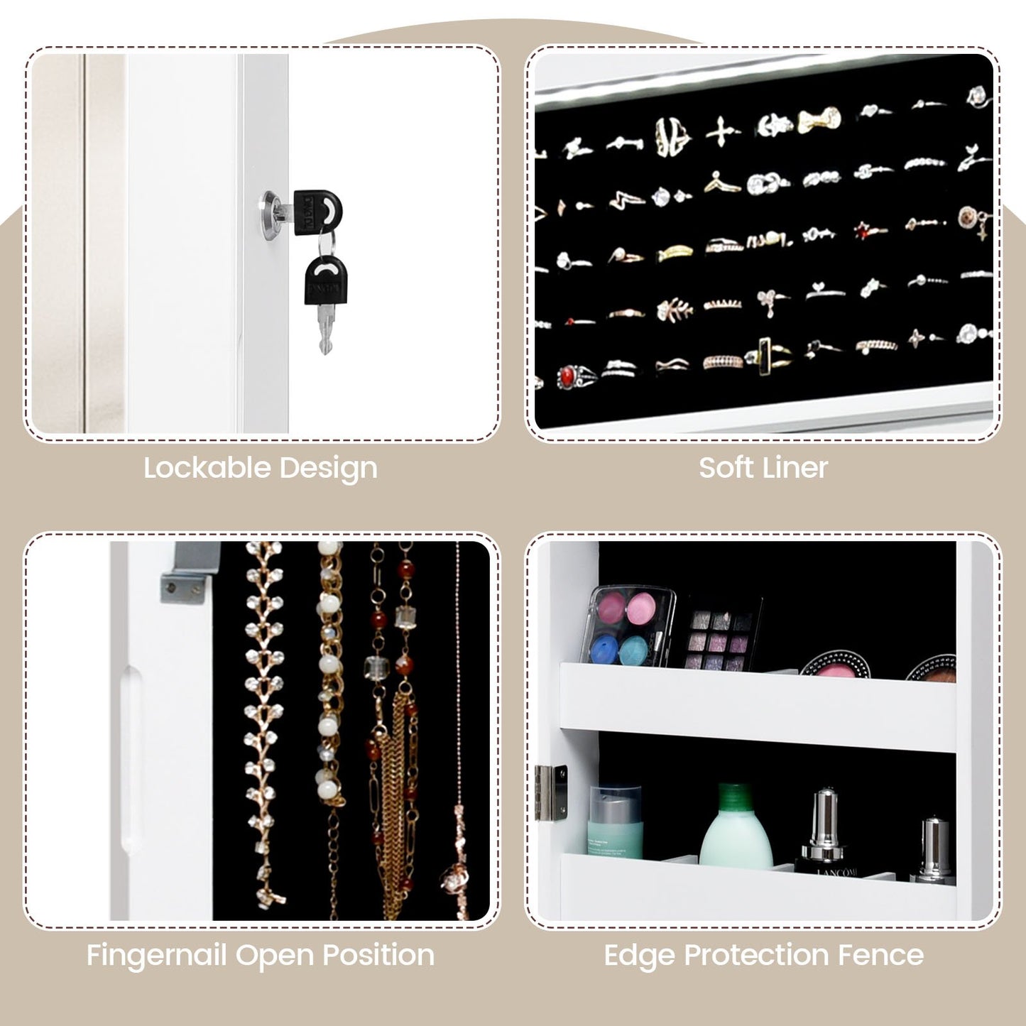 Lockable Wall Door Mounted Mirror Jewelry Cabinet with LED Lights, White Jewelry Armoires   at Gallery Canada