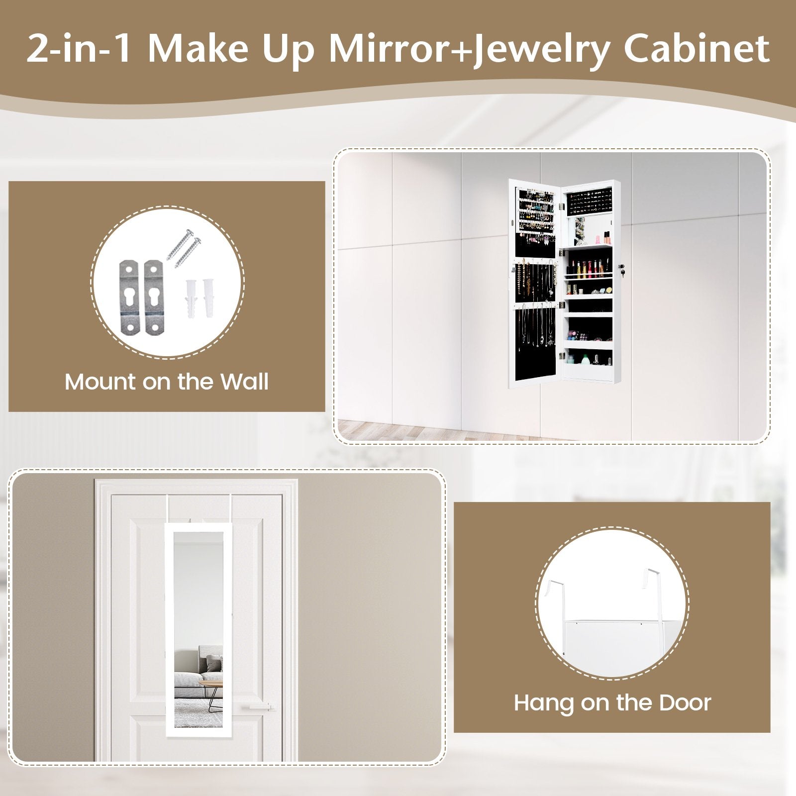 Lockable Wall Door Mounted Mirror Jewelry Cabinet with LED Lights, White Jewelry Armoires   at Gallery Canada