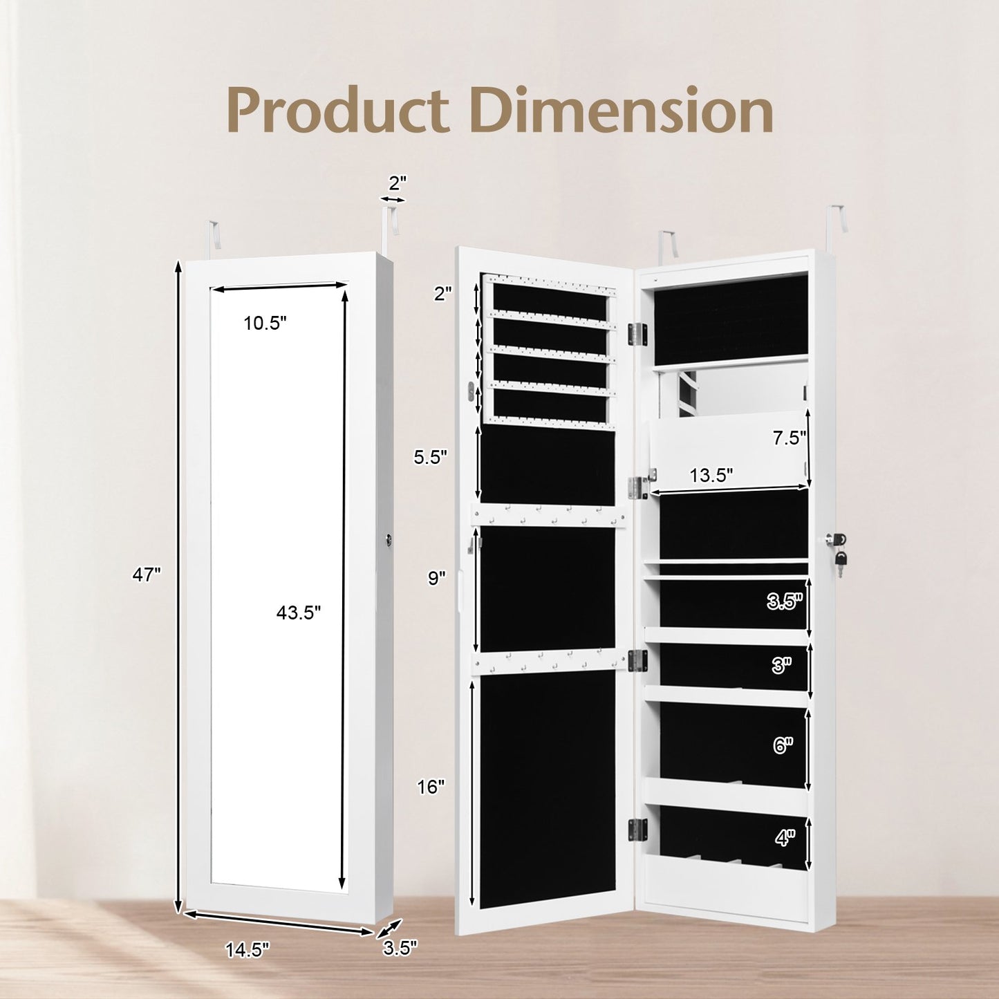 Lockable Wall Door Mounted Mirror Jewelry Cabinet with LED Lights, White Jewelry Armoires   at Gallery Canada