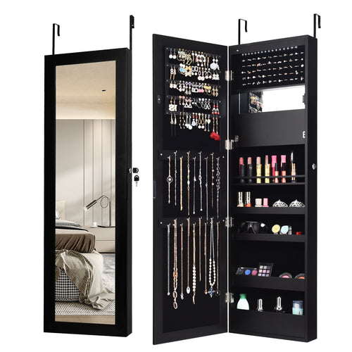 Lockable Wall Door Mounted Mirror Jewelry Cabinet with LED Lights, Black