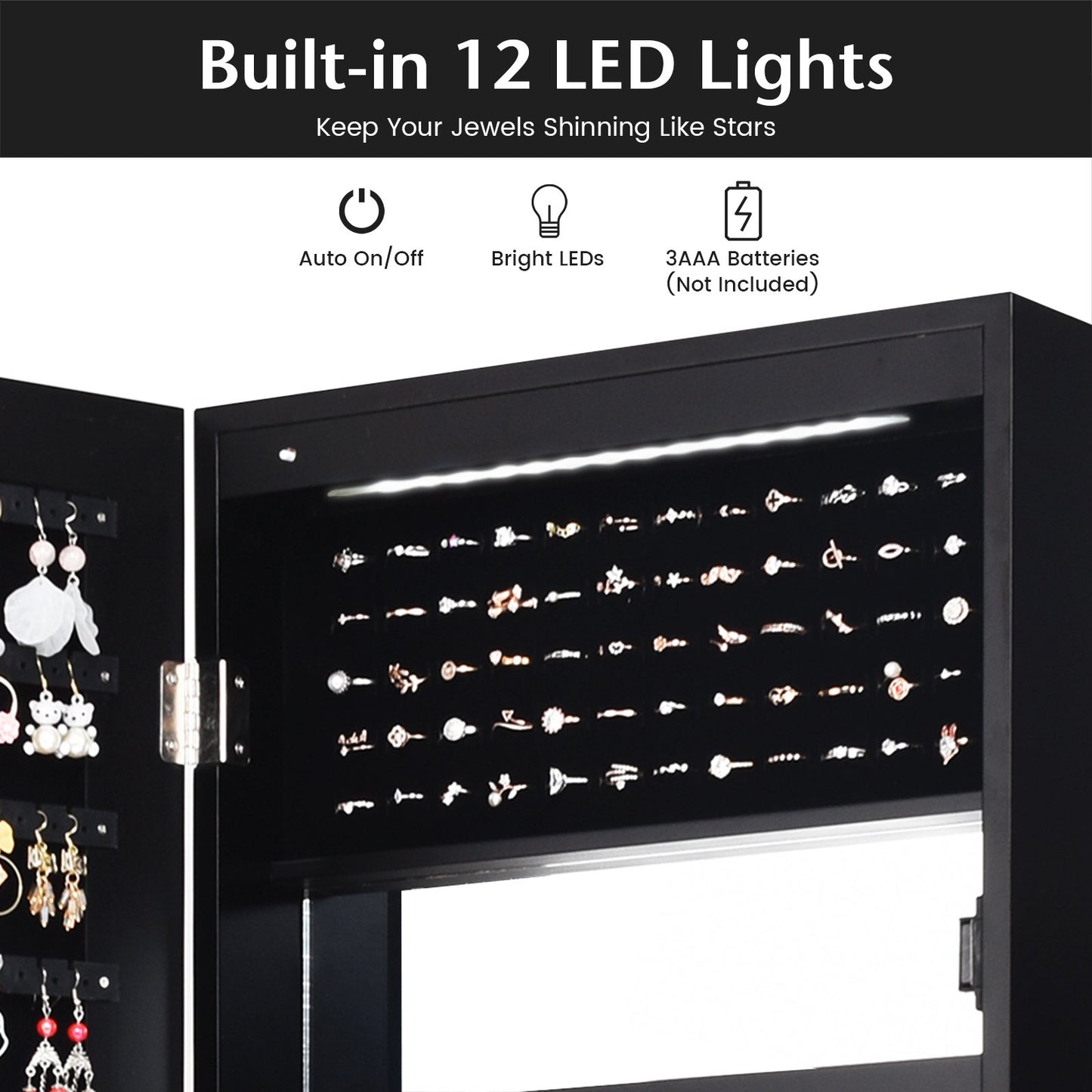 Lockable Wall Door Mounted Mirror Jewelry Cabinet with LED Lights, Black Jewelry Armoires   at Gallery Canada