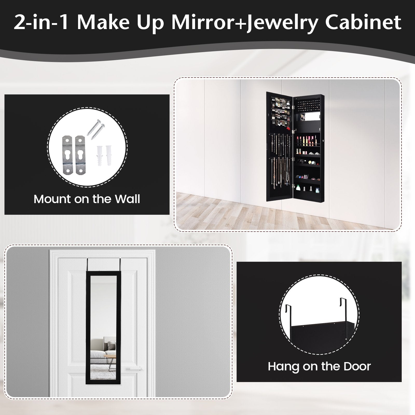 Lockable Wall Door Mounted Mirror Jewelry Cabinet with LED Lights, Black Jewelry Armoires   at Gallery Canada