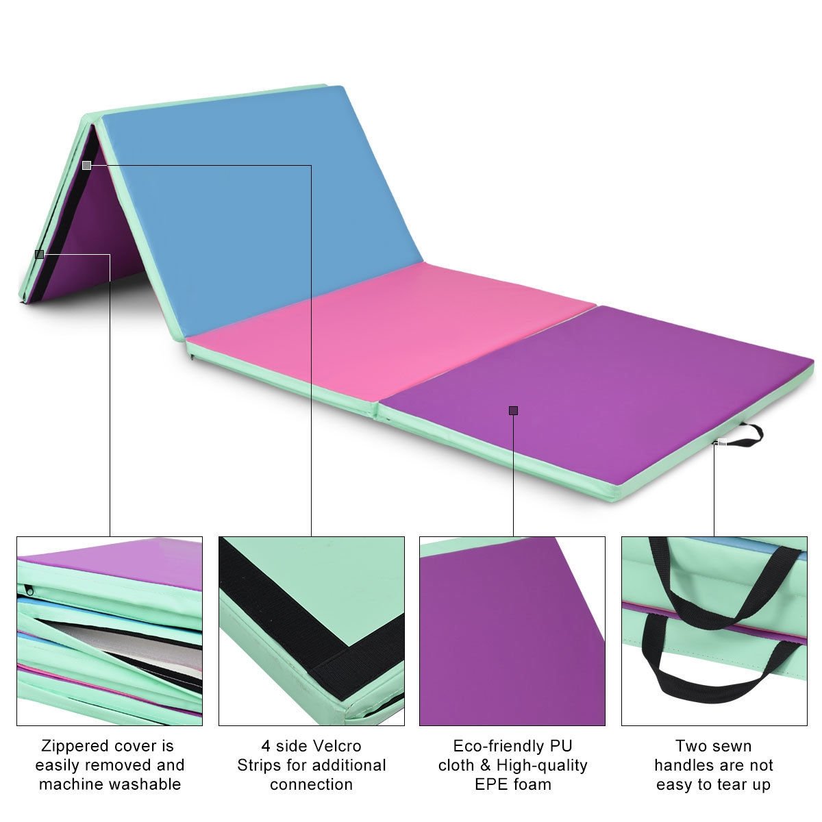 4 Feet x 10 Feet Thick Folding Panel Gymnastics Mat-Multiolor, Multicolor Yoga & Gym Mats   at Gallery Canada