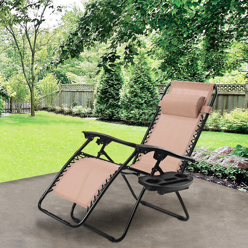 Outdoor Folding Zero Gravity Reclining Lounge Chair with Utility Tray, Beige