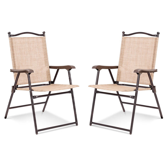 Set of 2 Patio Folding Sling Back Camping Deck Chairs, Beige - Gallery Canada