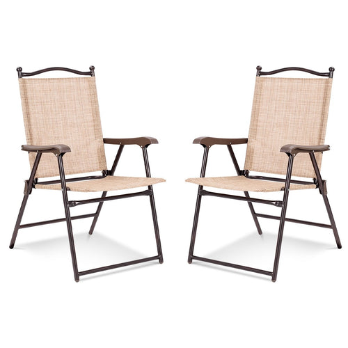 Set of 2 Patio Folding Sling Back Camping Deck Chairs, Beige