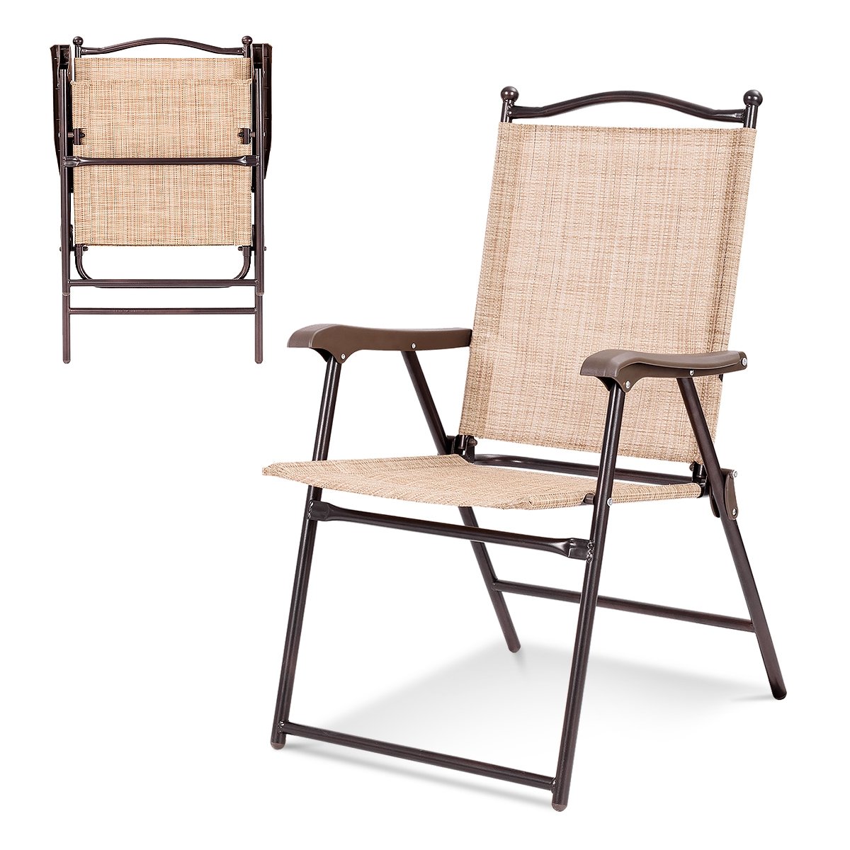 Set of 2 Patio Folding Sling Back Camping Deck Chairs, Beige Patio Dining Chairs   at Gallery Canada