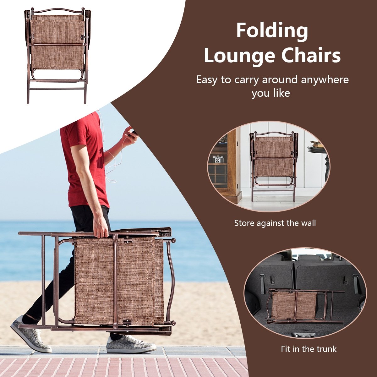 Set of 2 Patio Folding Sling Back Camping Deck Chairs, Brown Patio Dining Chairs   at Gallery Canada