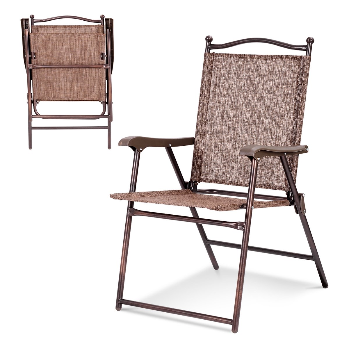 Set of 2 Patio Folding Sling Back Camping Deck Chairs, Brown Patio Dining Chairs   at Gallery Canada