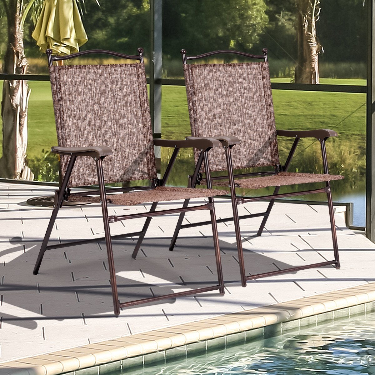 Set of 2 Patio Folding Sling Back Camping Deck Chairs, Brown Patio Dining Chairs   at Gallery Canada