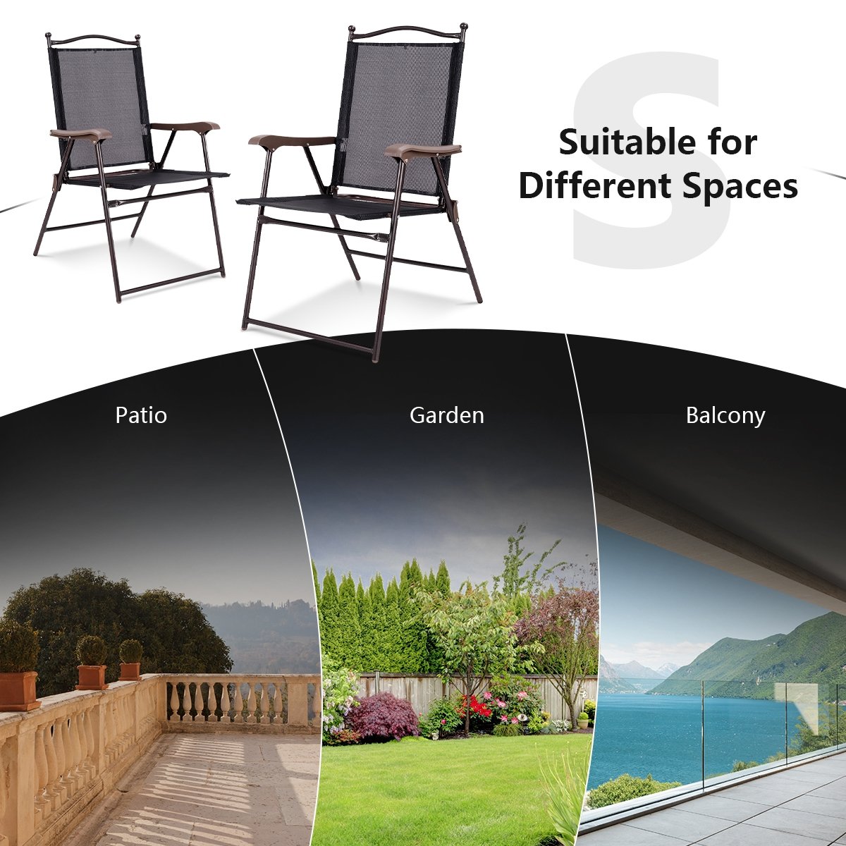 Set of 2 Patio Folding Sling Back Camping Deck Chairs, Black Patio Dining Chairs   at Gallery Canada