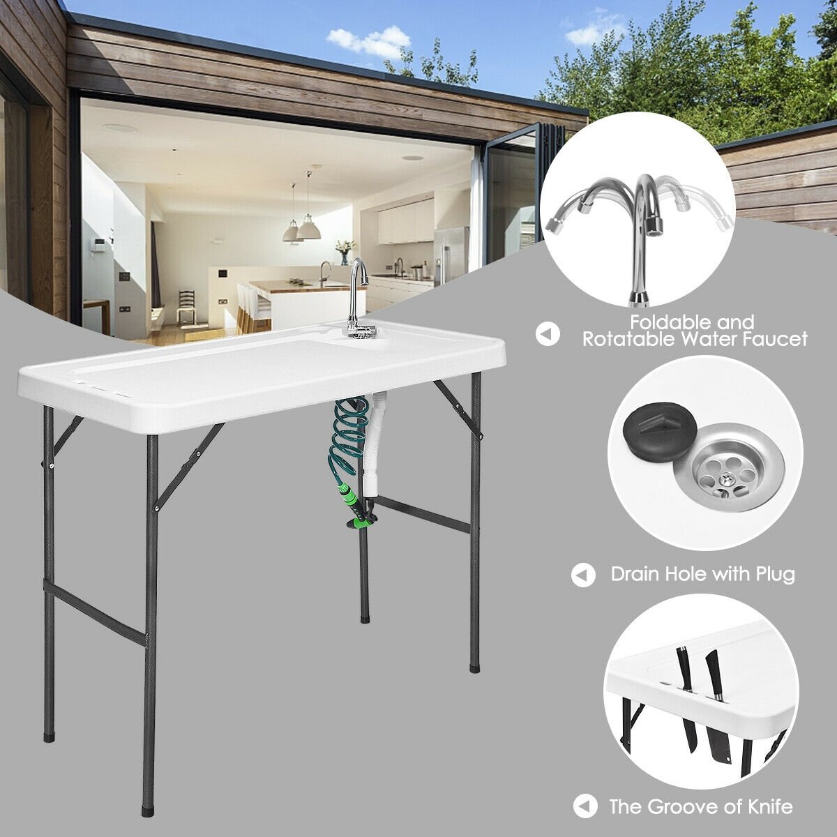 Folding Cleaning Sink Faucet Cutting Camping Table with Sprayer, White Camping Furniture   at Gallery Canada