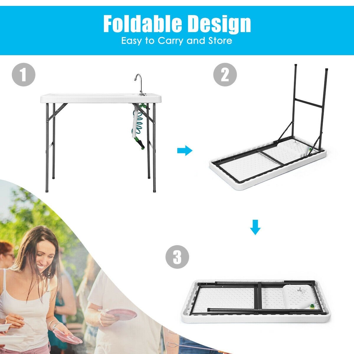 Folding Cleaning Sink Faucet Cutting Camping Table with Sprayer, White - Gallery Canada