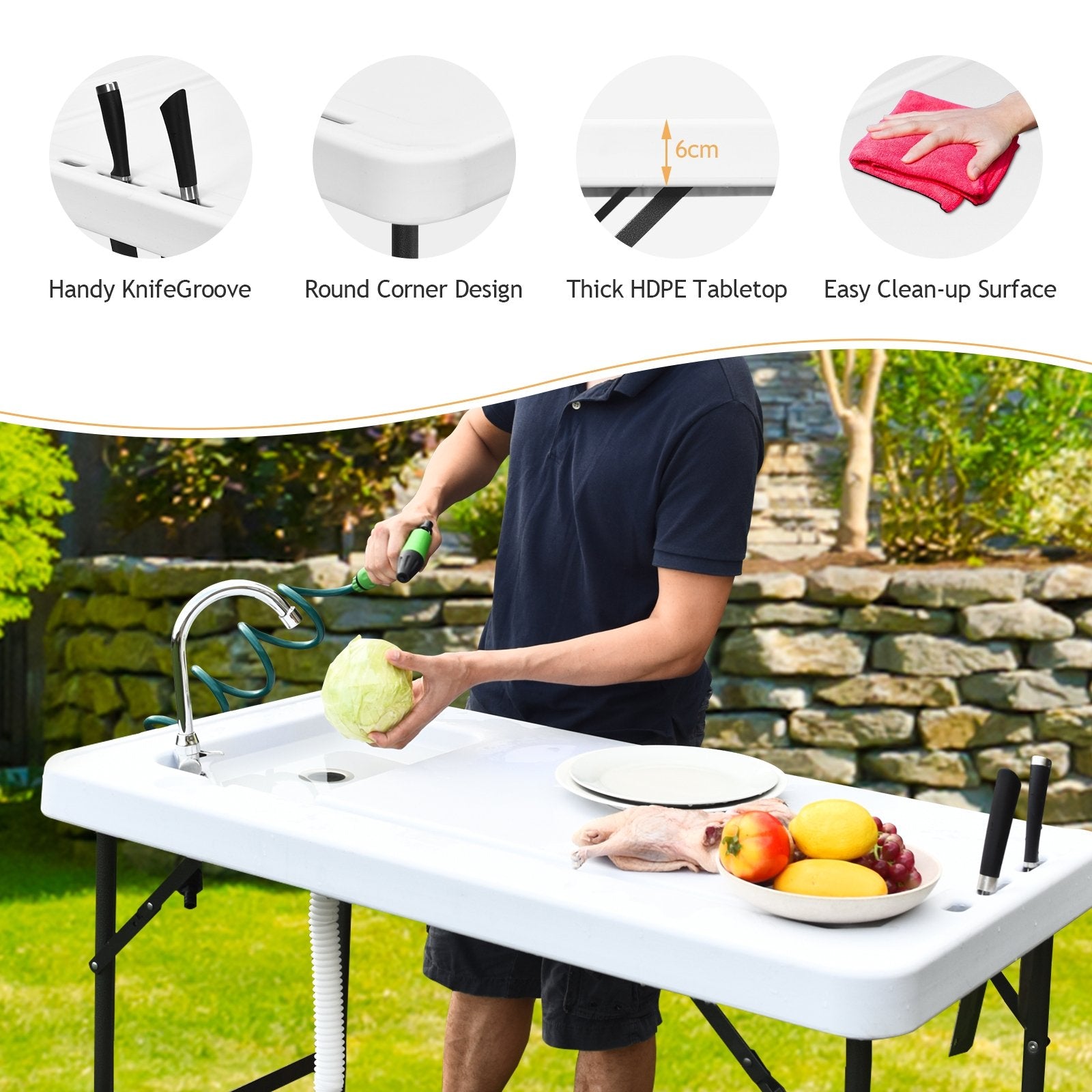 Folding Cleaning Sink Faucet Cutting Camping Table with Sprayer, White - Gallery Canada