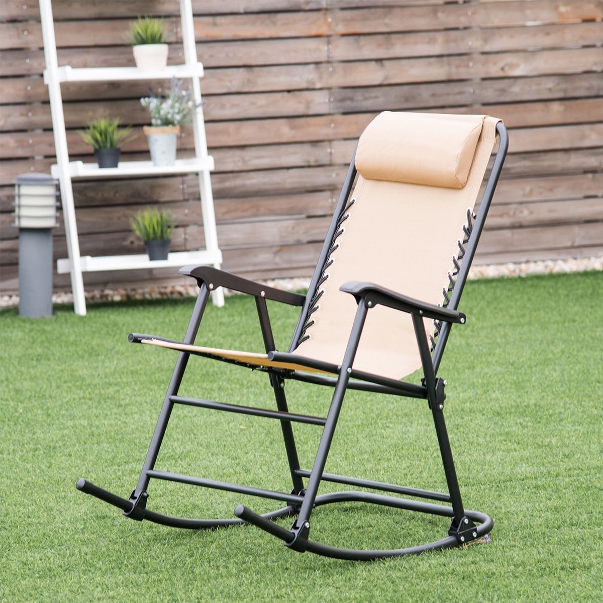 Outdoor Patio Headrest Folding Zero Gravity Rocking Chair, Beige Patio Rocking Chairs & Gliders   at Gallery Canada