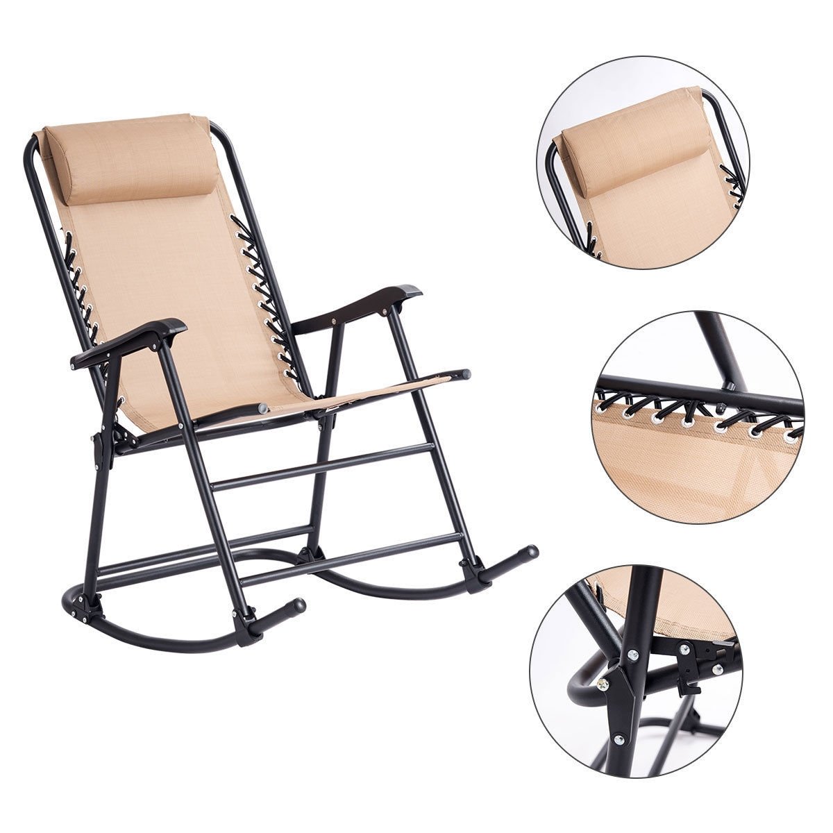 Outdoor Patio Headrest Folding Zero Gravity Rocking Chair, Beige Patio Rocking Chairs & Gliders   at Gallery Canada