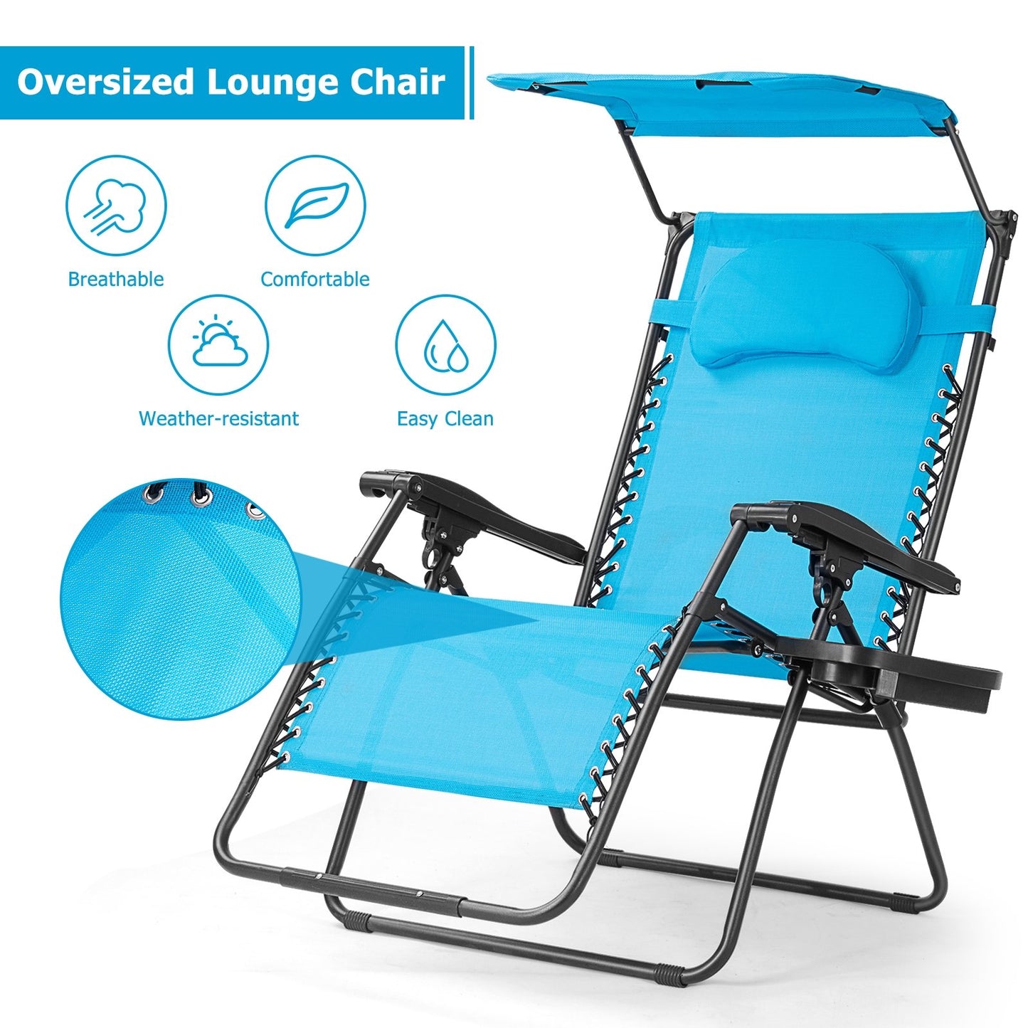 Folding Recliner Lounge Chair w/ Shade Canopy Cup Holder, Turquoise - Gallery Canada