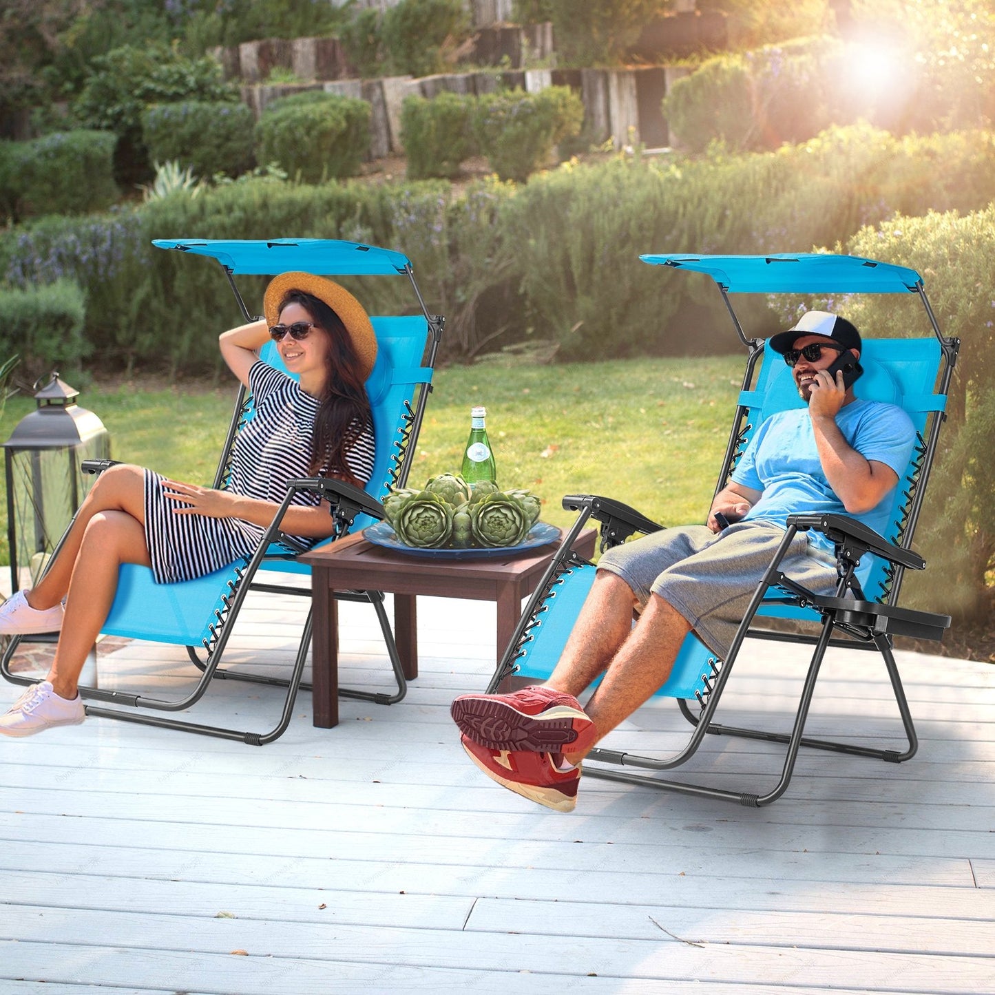 Folding Recliner Lounge Chair w/ Shade Canopy Cup Holder, Turquoise - Gallery Canada