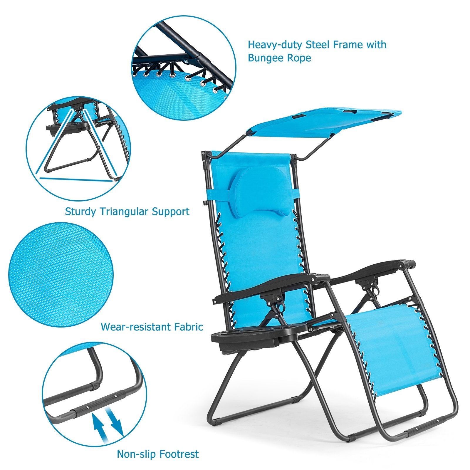 Folding Recliner Lounge Chair w/ Shade Canopy Cup Holder, Turquoise Beach & Lawn Chairs   at Gallery Canada