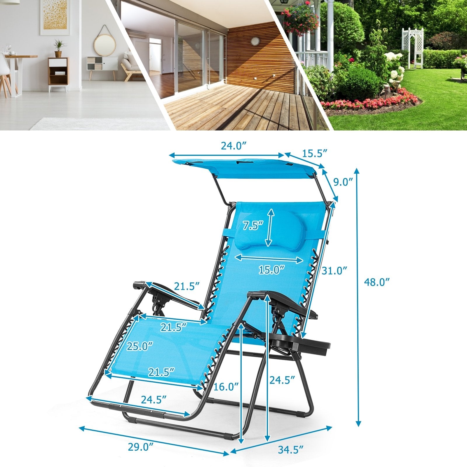 Folding Recliner Lounge Chair w/ Shade Canopy Cup Holder, Turquoise Beach & Lawn Chairs   at Gallery Canada