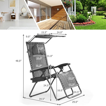 Folding Recliner Lounge Chair w/ Shade Canopy Cup Holder, Gray Beach & Lawn Chairs   at Gallery Canada