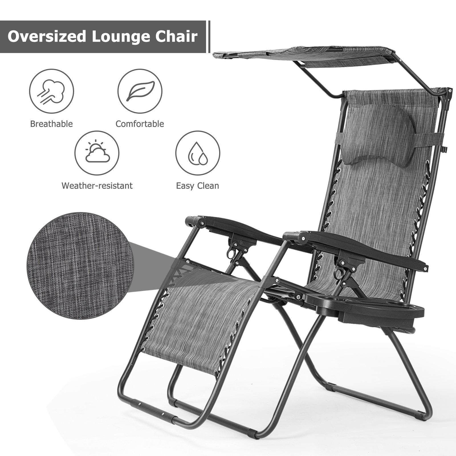 Folding Recliner Lounge Chair w/ Shade Canopy Cup Holder, Gray - Gallery Canada