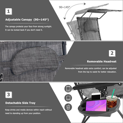 Folding Recliner Lounge Chair w/ Shade Canopy Cup Holder, Gray Beach & Lawn Chairs   at Gallery Canada