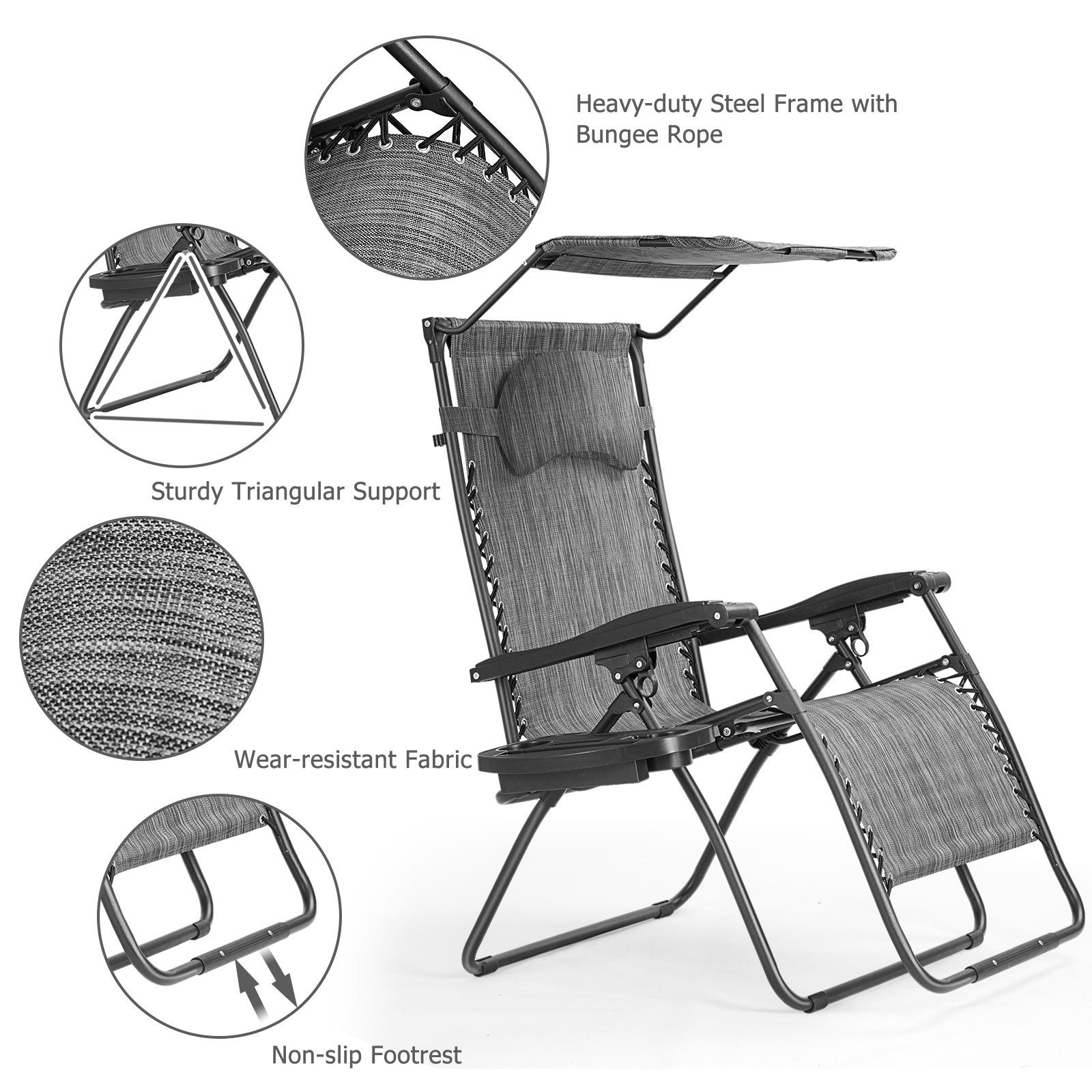 Folding Recliner Lounge Chair w/ Shade Canopy Cup Holder, Gray Beach & Lawn Chairs   at Gallery Canada