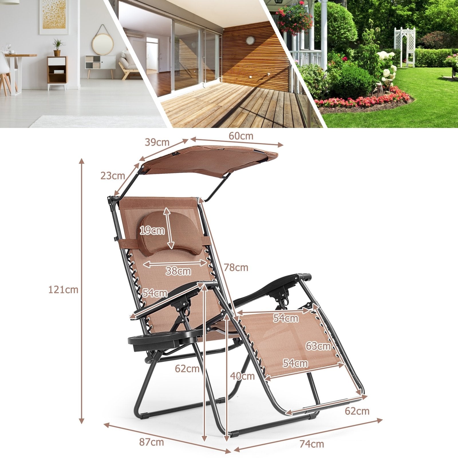 Folding Recliner Lounge Chair w/ Shade Canopy Cup Holder, Brown Beach & Lawn Chairs   at Gallery Canada