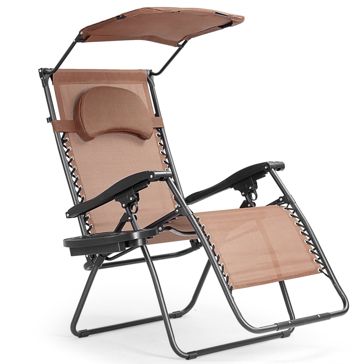 Folding Recliner Lounge Chair w/ Shade Canopy Cup Holder, Brown Beach & Lawn Chairs   at Gallery Canada