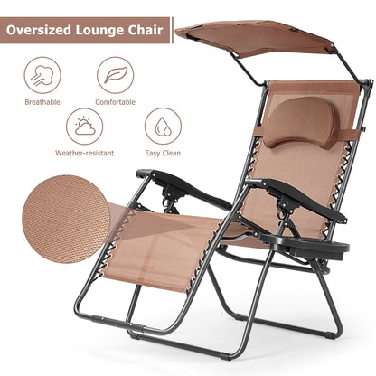 Folding Recliner Lounge Chair w/ Shade Canopy Cup Holder, Brown Beach & Lawn Chairs   at Gallery Canada