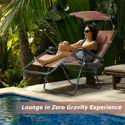 Folding Recliner Lounge Chair w/ Shade Canopy Cup Holder, Brown Beach & Lawn Chairs   at Gallery Canada