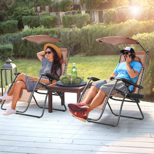 Folding Recliner Lounge Chair w/ Shade Canopy Cup Holder, Brown