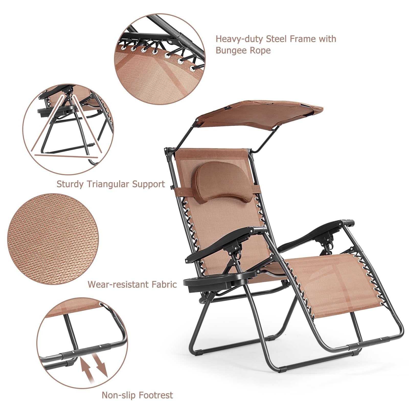 Folding Recliner Lounge Chair w/ Shade Canopy Cup Holder, Brown Beach & Lawn Chairs   at Gallery Canada