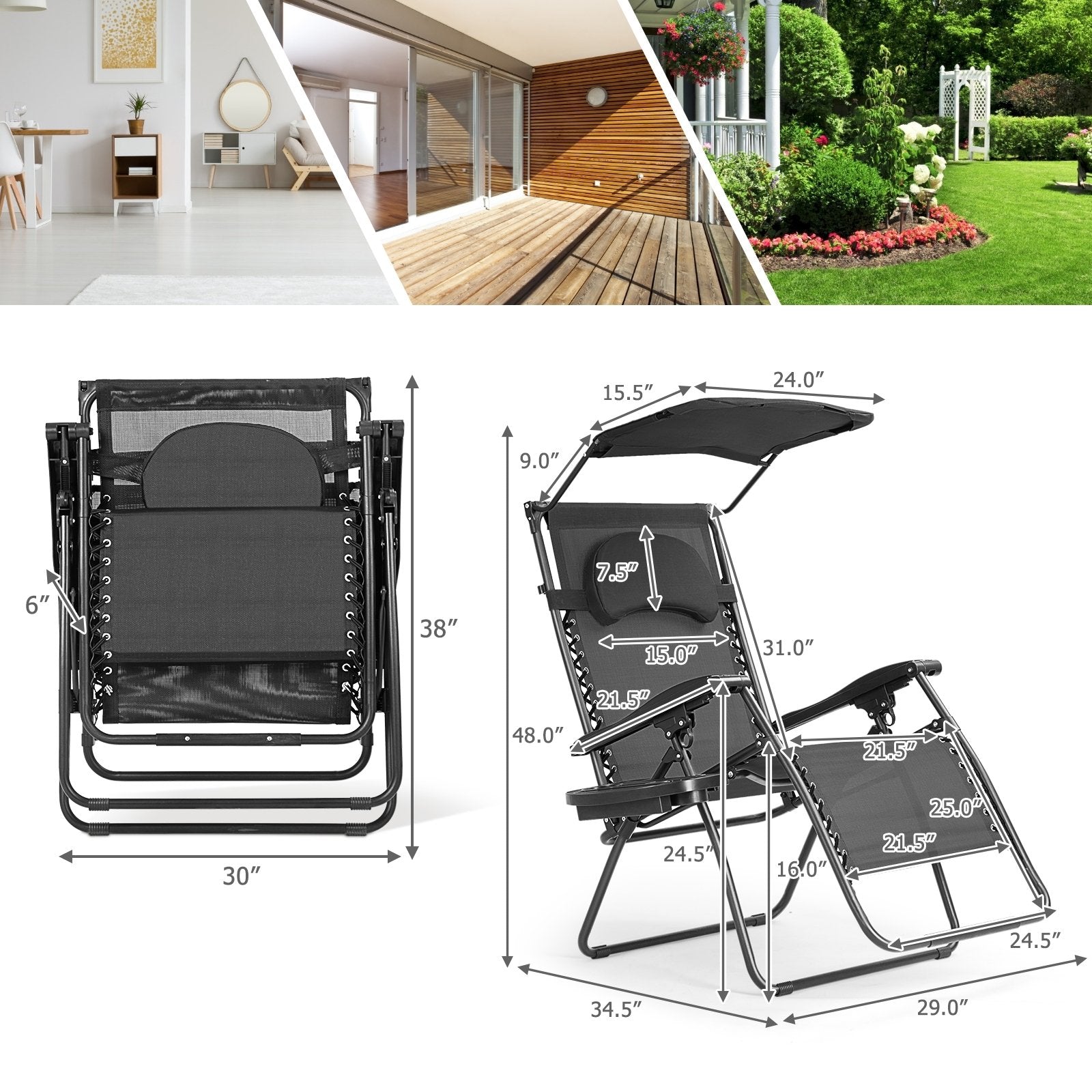 Folding Recliner Lounge Chair w/ Shade Canopy Cup Holder, Black Beach & Lawn Chairs   at Gallery Canada