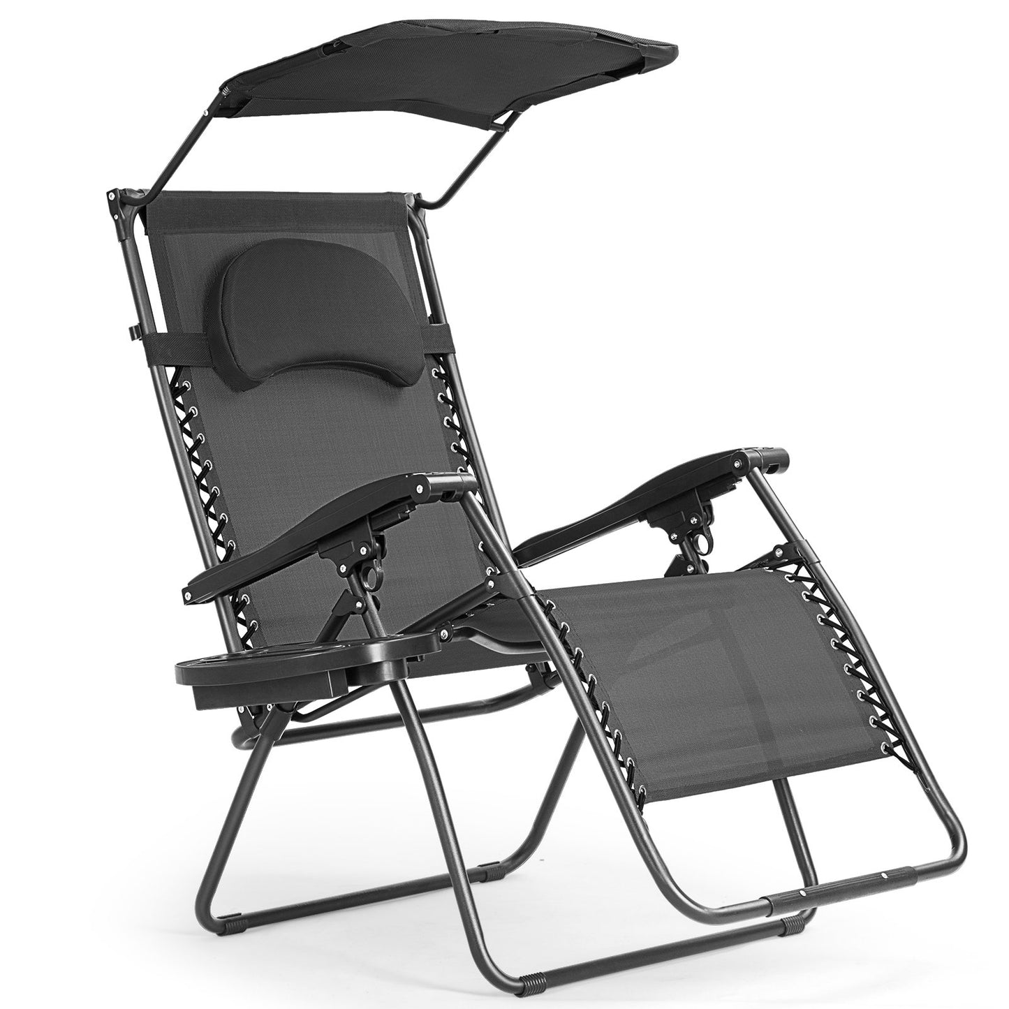 Folding Recliner Lounge Chair w/ Shade Canopy Cup Holder, Black Beach & Lawn Chairs   at Gallery Canada