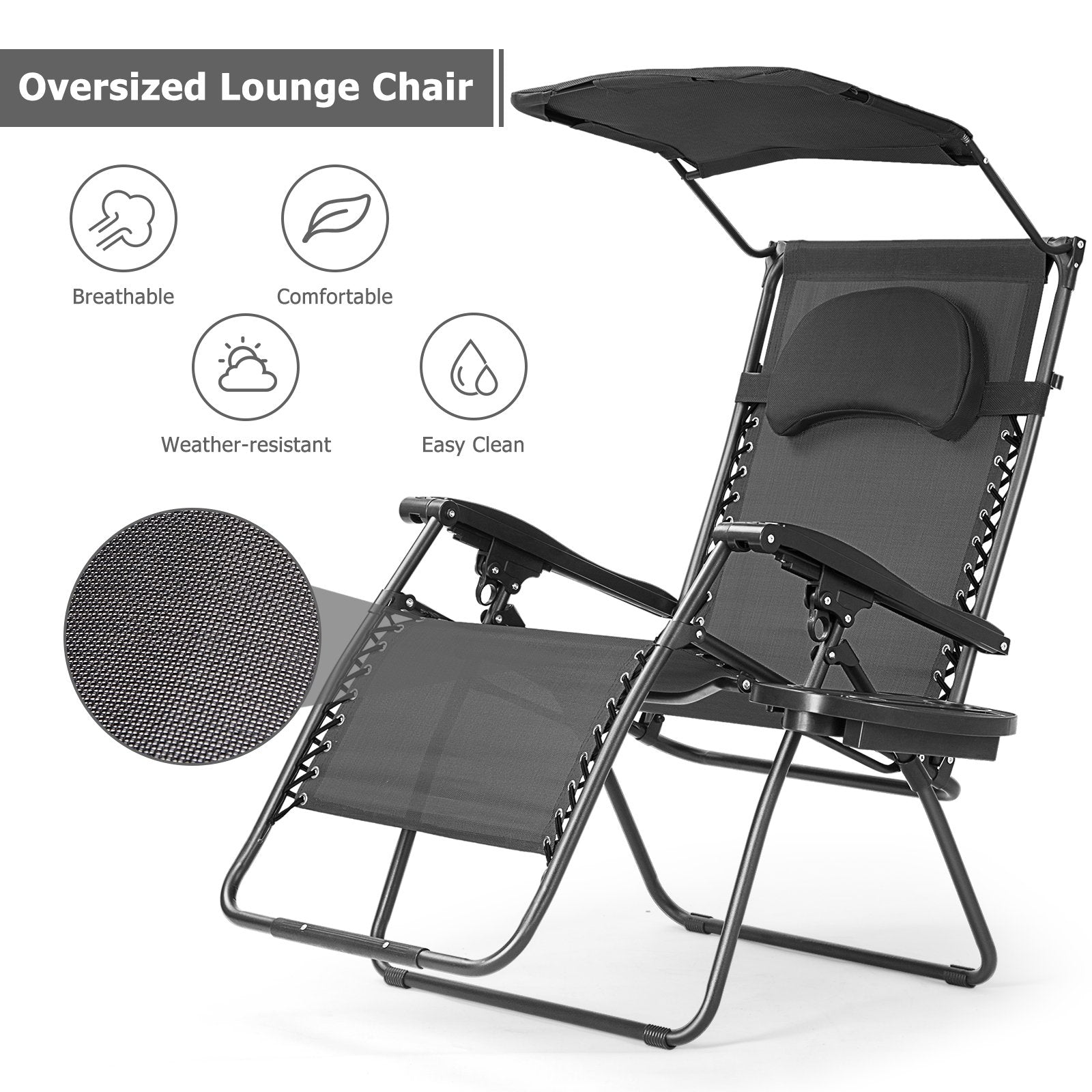 Folding Recliner Lounge Chair w/ Shade Canopy Cup Holder, Black Beach & Lawn Chairs   at Gallery Canada