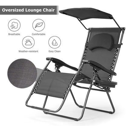 Folding Recliner Lounge Chair w/ Shade Canopy Cup Holder, Black Beach & Lawn Chairs   at Gallery Canada