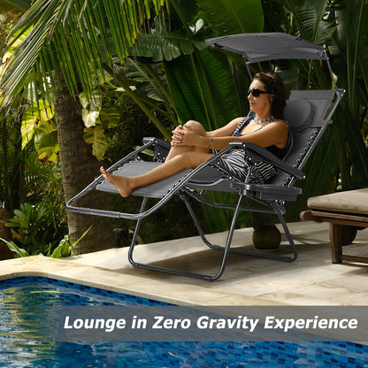 Folding Recliner Lounge Chair w/ Shade Canopy Cup Holder, Black Beach & Lawn Chairs   at Gallery Canada