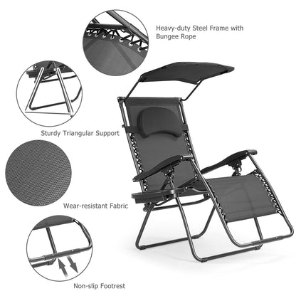 Folding Recliner Lounge Chair w/ Shade Canopy Cup Holder, Black Beach & Lawn Chairs   at Gallery Canada