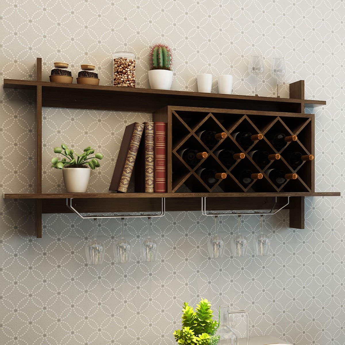 Wall Mount Wine Rack with Glass Holder & Storage Shelf, Walnut Wine Racks   at Gallery Canada