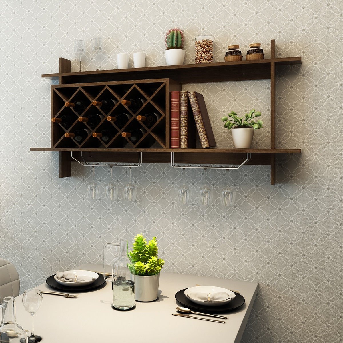 Wall Mount Wine Rack with Glass Holder & Storage Shelf, Walnut Wine Racks   at Gallery Canada