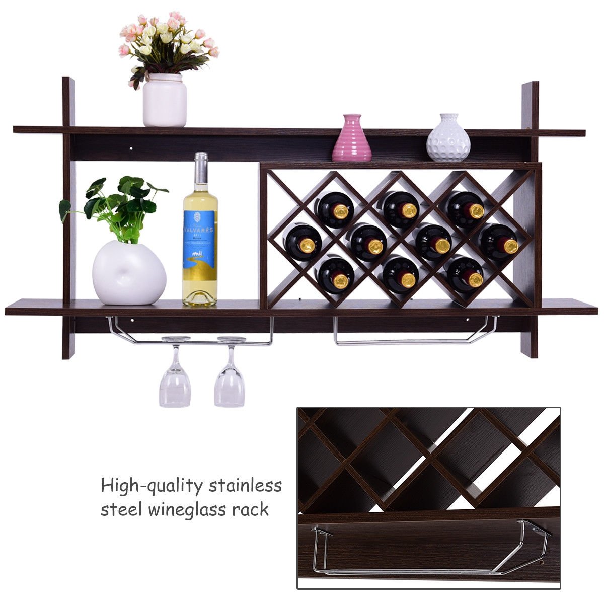 Wall Mount Wine Rack with Glass Holder & Storage Shelf, Walnut Wine Racks   at Gallery Canada