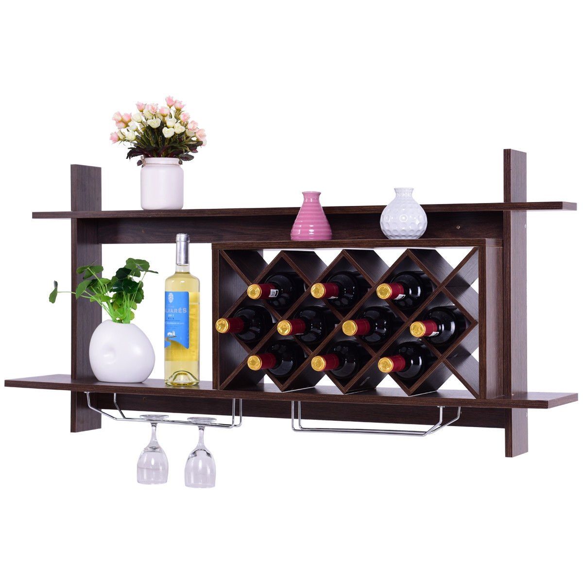 Wall Mount Wine Rack with Glass Holder & Storage Shelf, Walnut Wine Racks   at Gallery Canada