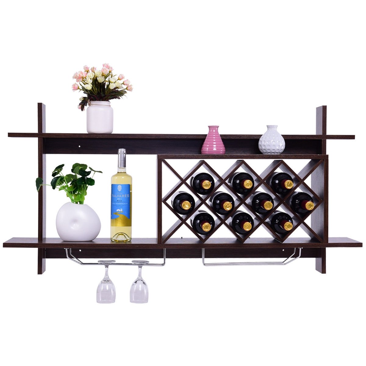 Wall Mount Wine Rack with Glass Holder & Storage Shelf, Walnut Wine Racks   at Gallery Canada