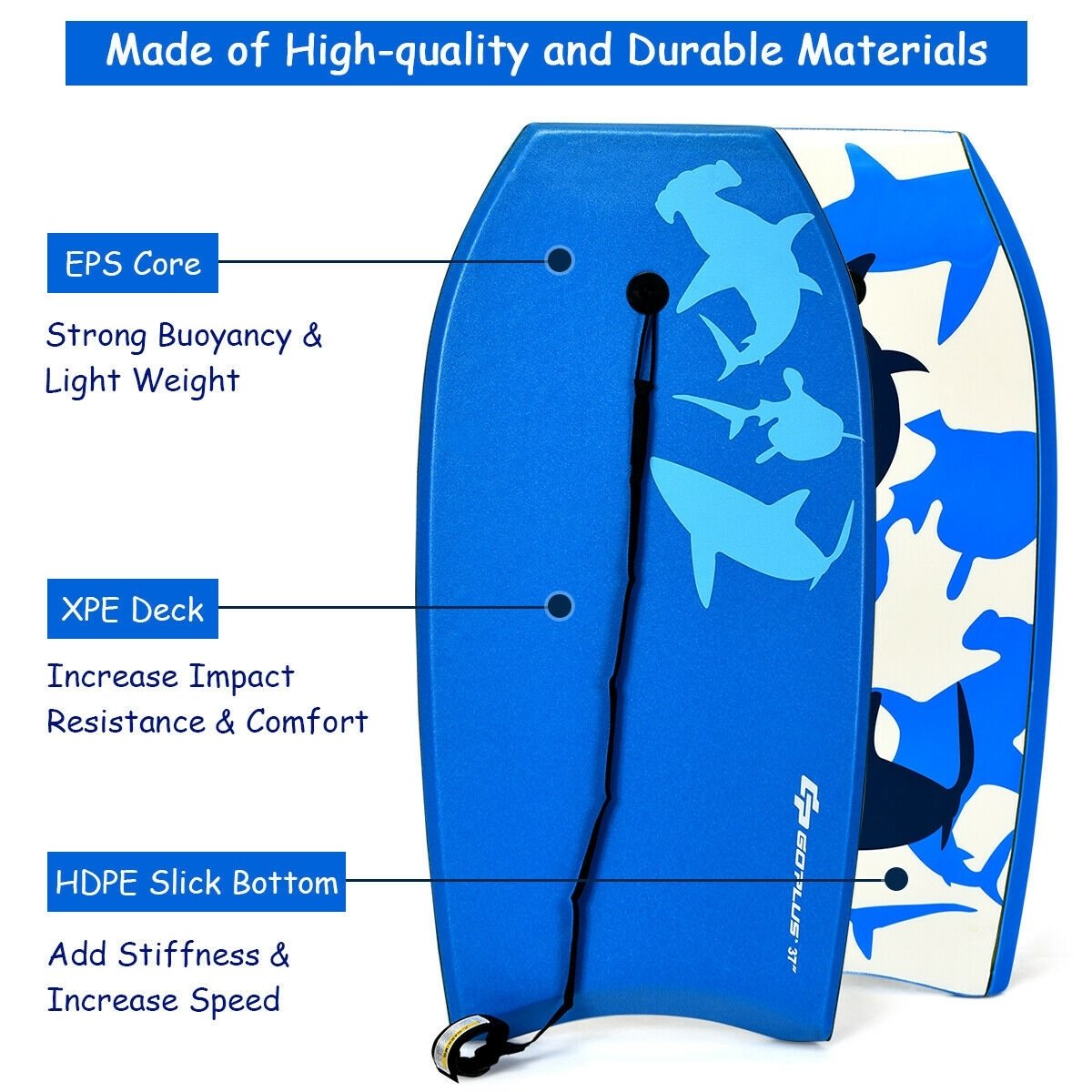 Lightweight Super Bodyboard Surfing W/Leash IXPE Deck EPS Core Boarding-L, Blue - Gallery Canada