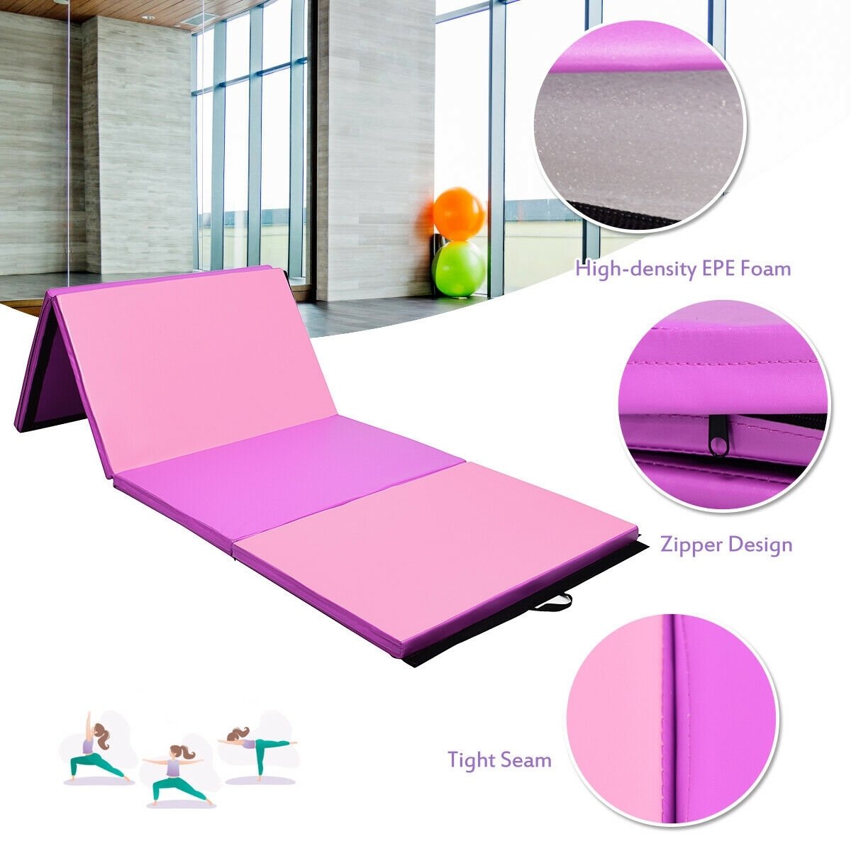 4 Feet x 10 Feet Thick Folding Panel Gymnastics Mat, Pink & Purple Yoga & Gym Mats   at Gallery Canada