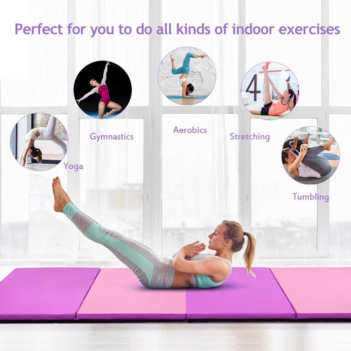 4 Feet x 10 Feet Thick Folding Panel Gymnastics Mat, Pink & Purple Yoga & Gym Mats   at Gallery Canada