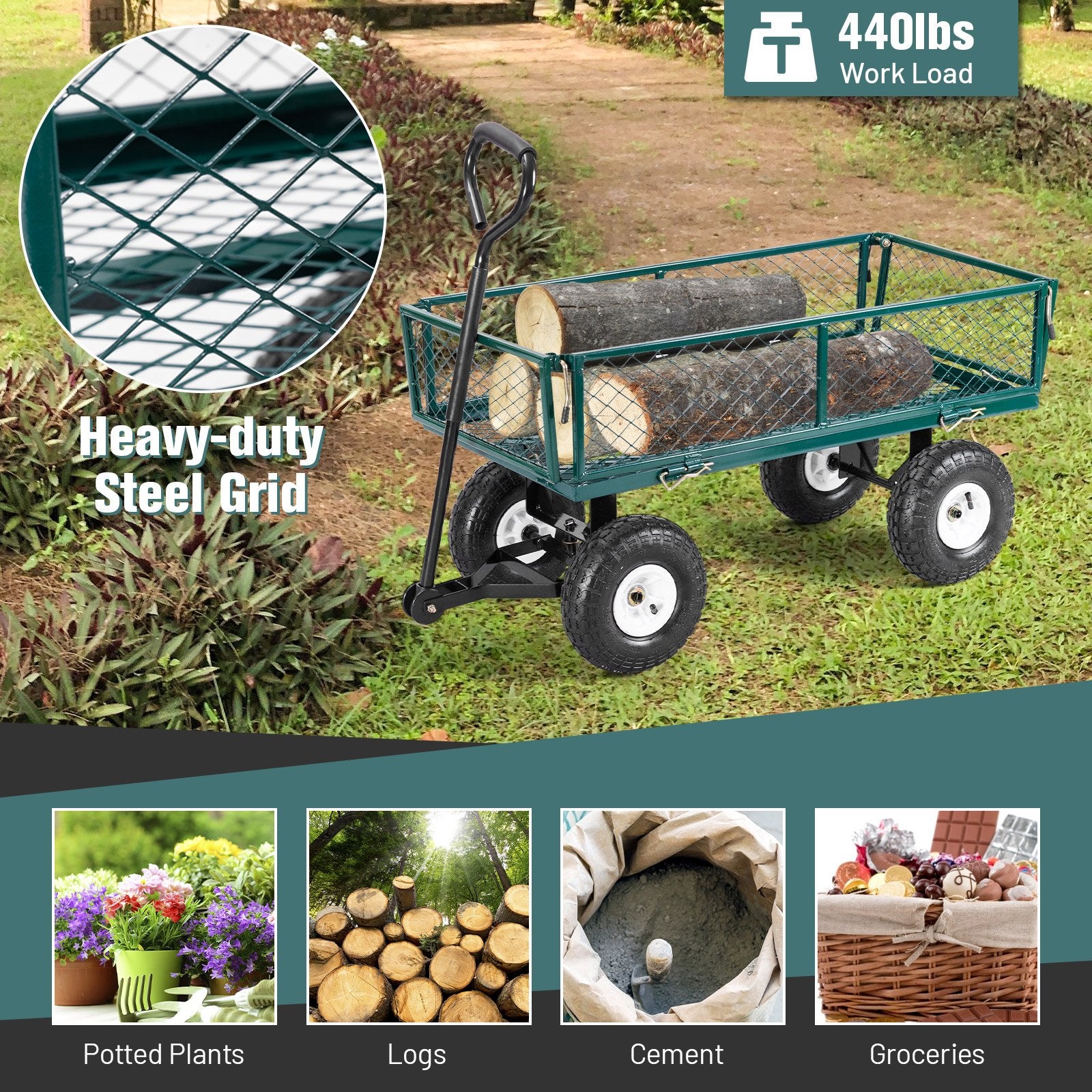 Heavy Duty Garden Utility Cart Wagon Wheelbarrow, Green Garden Carts   at Gallery Canada